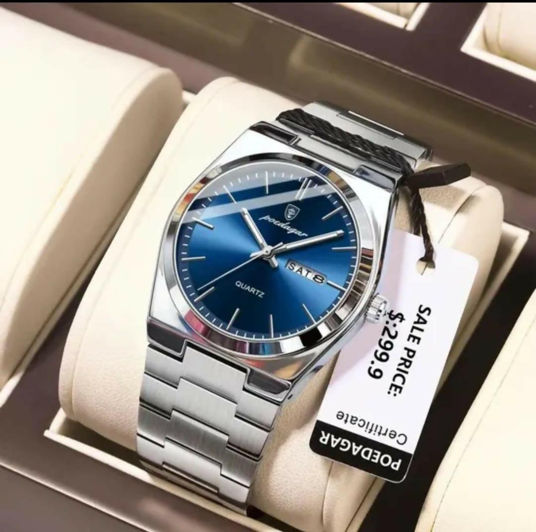 POEDAGAAR 930 Luminous Date Week Quartz Watch for Men – Silver X Blue
